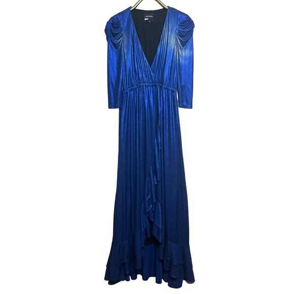 Retrofête Flora Sz Small Metallic Blue Wrap Dress Evening Cocktail High Low - Picture 5 of 15